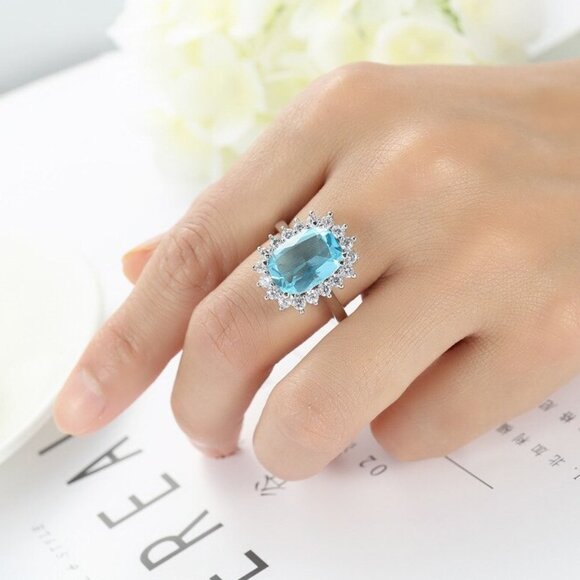 Jewelry ring blue center emerald shape sparkly halo statement 925 silver new - Picture 1 of 5